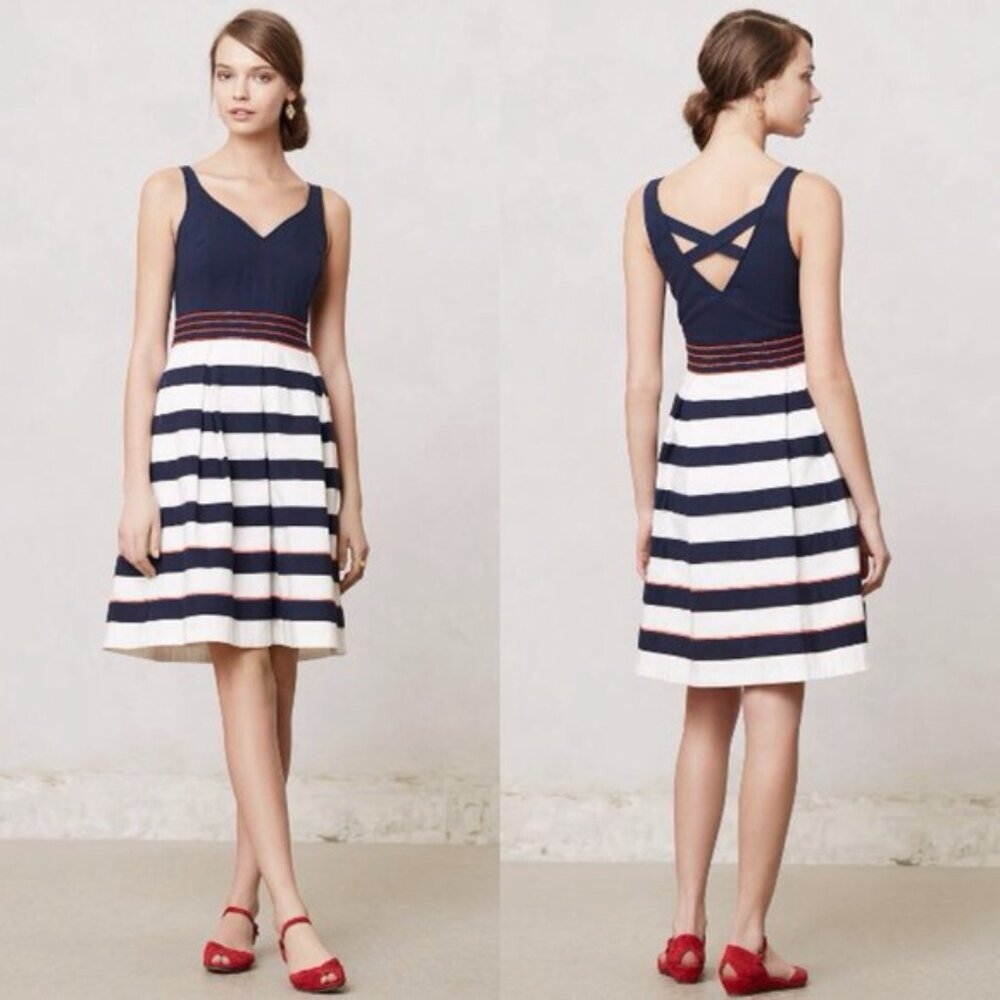 Anthropologie Brigantine Regatta Dress Navy White Striped Fit & Flare